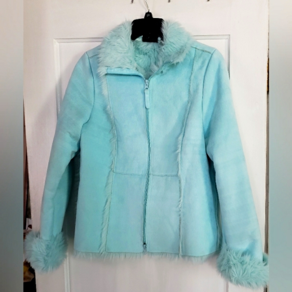 Faux Suede and Fur Aqua Colored Jacket, Size PL